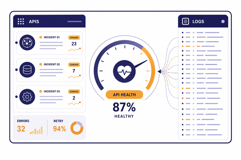 API status dashboard with gauge, incident rows, log lines, and labels APIS, LOGS, ERRORS, RETRY.