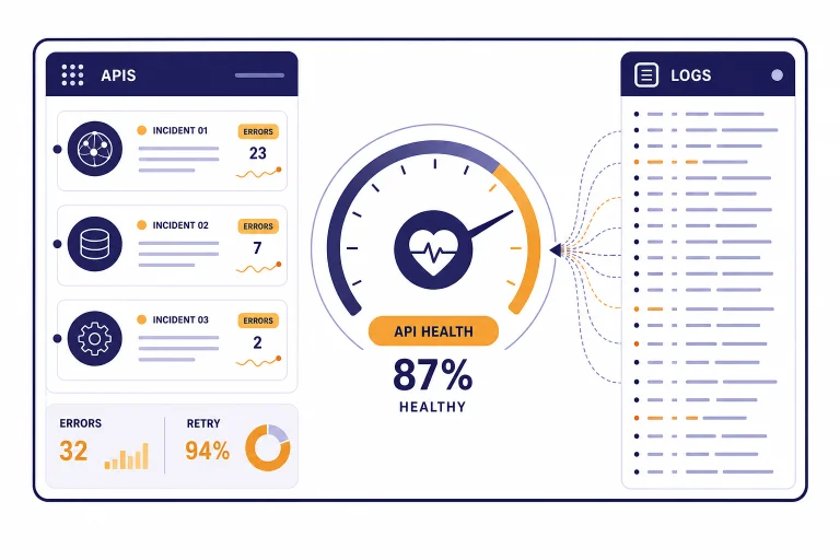 API status dashboard with gauge, incident rows, log lines, and labels APIS, LOGS, ERRORS, RETRY.