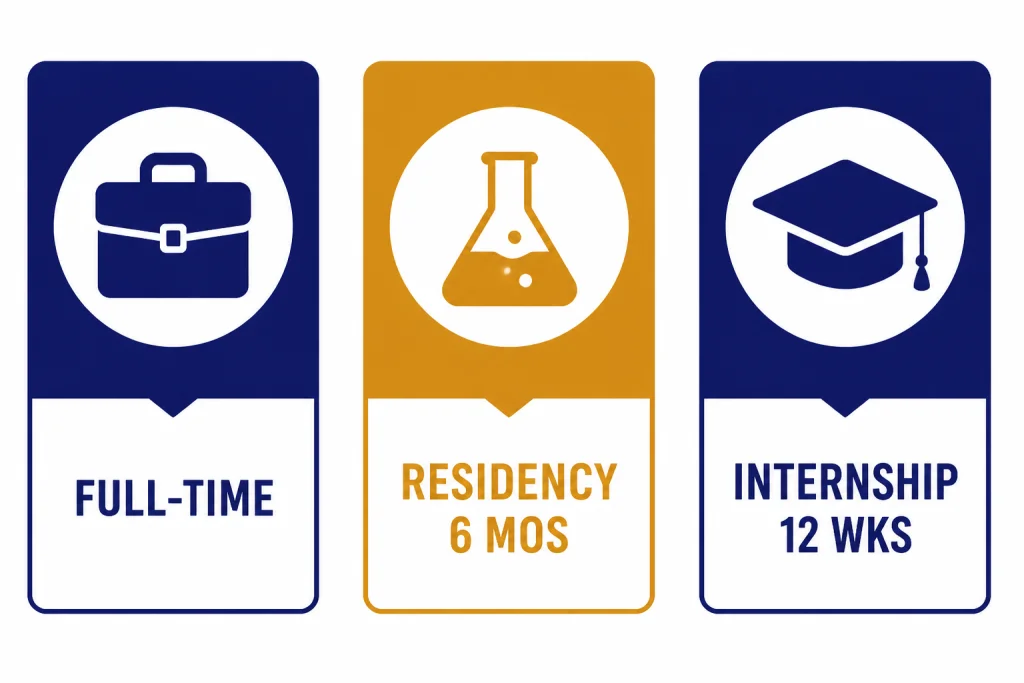 Three career path cards labeled FULL-TIME, RESIDENCY 6 MOS, and INTERNSHIP 12 WKS, increasing in height