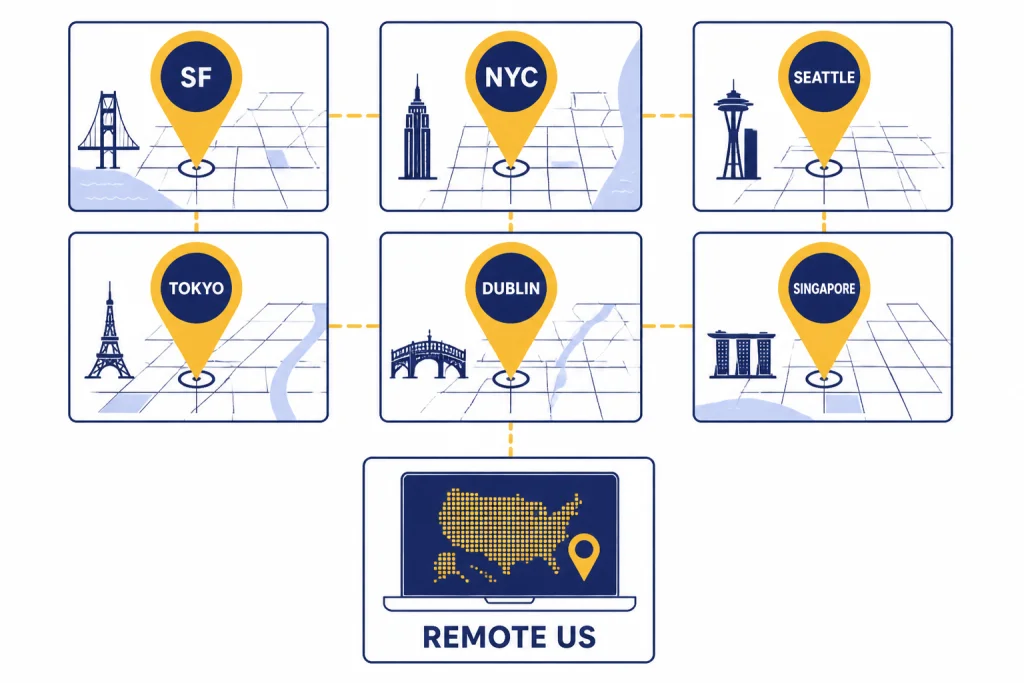 Location grid with pins labeled SF, NYC, SEATTLE, TOKYO, DUBLIN, SINGAPORE, plus a REMOTE US laptop tile