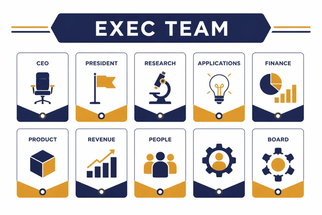 Executive team grid labeled EXEC TEAM with ten compact role cards in two rows.