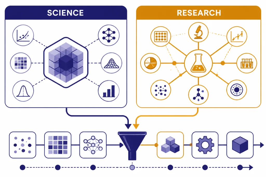 Research Leadership Split Two-column diagram labeled SCIENCE and RESEARCH feeding into a deployment pipeline.