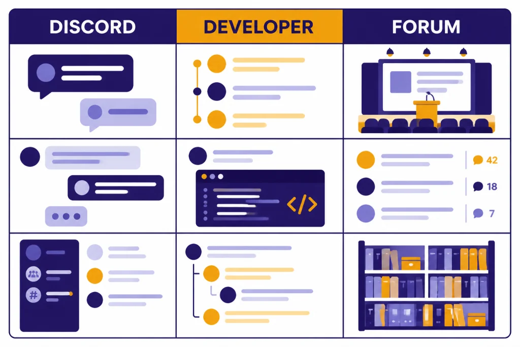 Community Comparison Three-column comparison labeled DISCORD, DEVELOPER, and FORUM with icons for chat, threads, and events