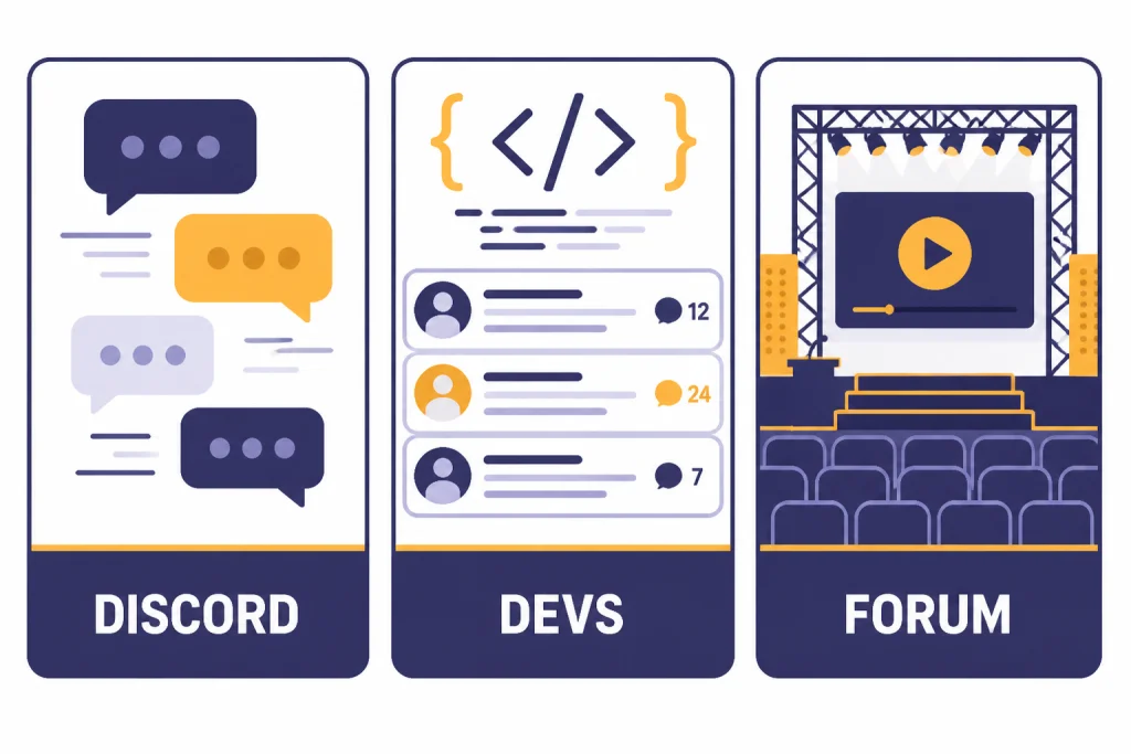 Three cards labeled DISCORD, DEVS, and FORUM with chat bubbles, code brackets, and an event stage