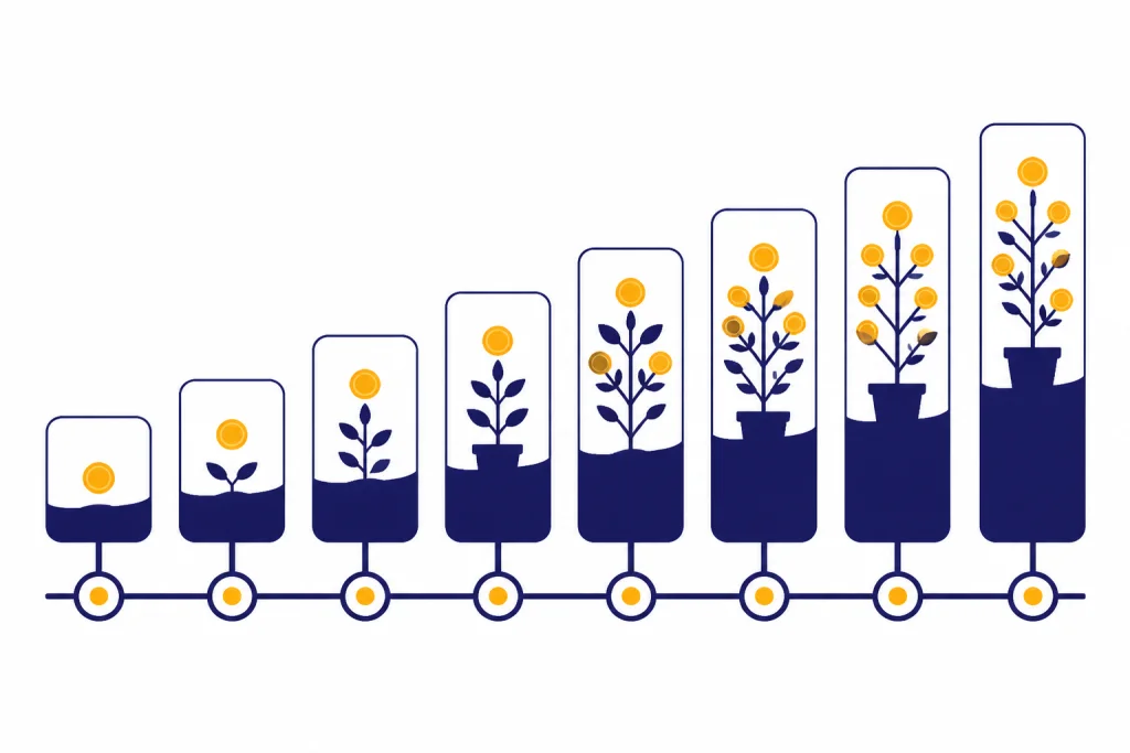 Eight-node horizontal timeline with investment cards growing taller from left to right.