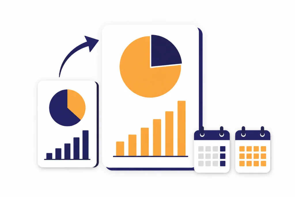 Two valuation cards on a dashboard, smaller card behind larger card, with a curved arrow between them.
