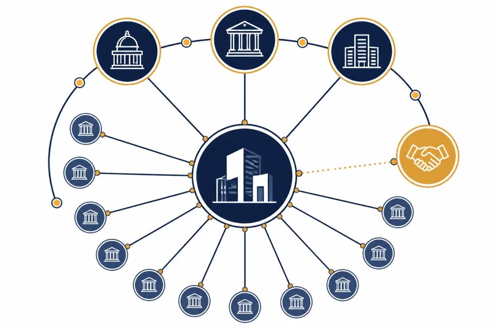Investor Participation Map Hub-and-spoke investor map with three large anchor nodes and many smaller institutional nodes.