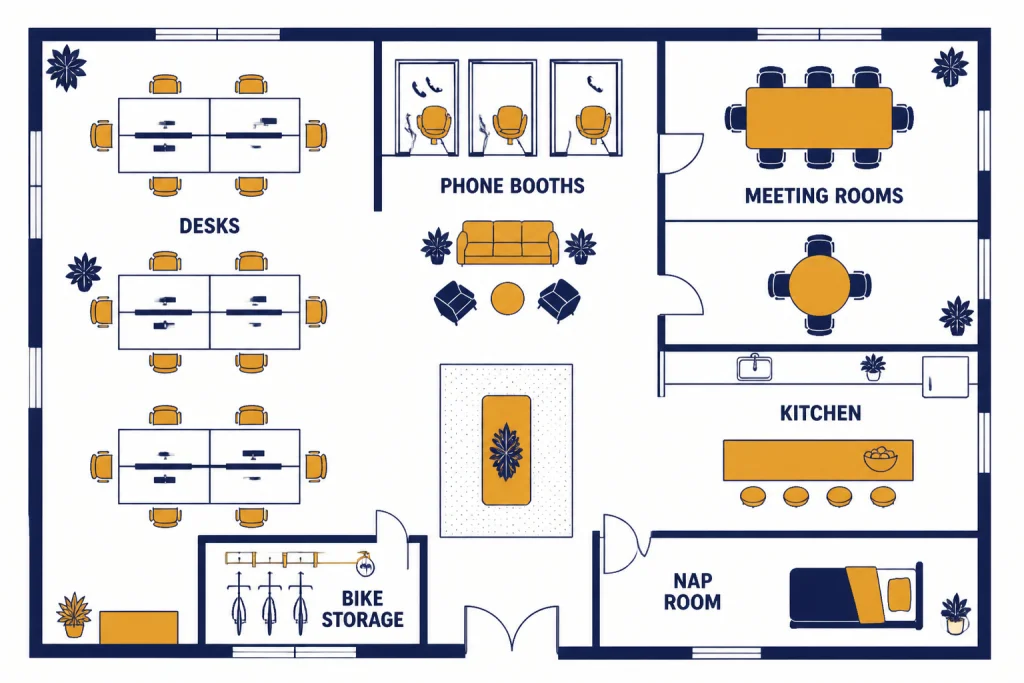 Top-down office floorplan labeled DESKS, PHONE BOOTHS, MEETING ROOMS, KITCHEN, BIKE STORAGE, and NAP ROOM