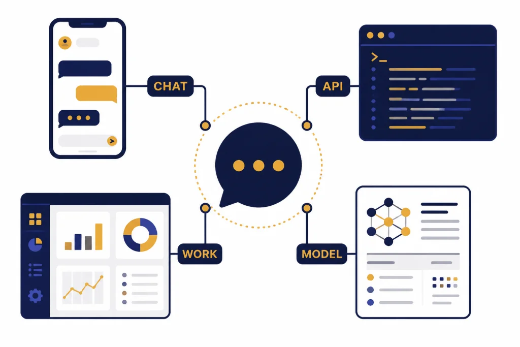 ChatGPT Platform Expansion Central chat bubble connected to four nodes labeled CHAT, API, WORK, and MODEL.