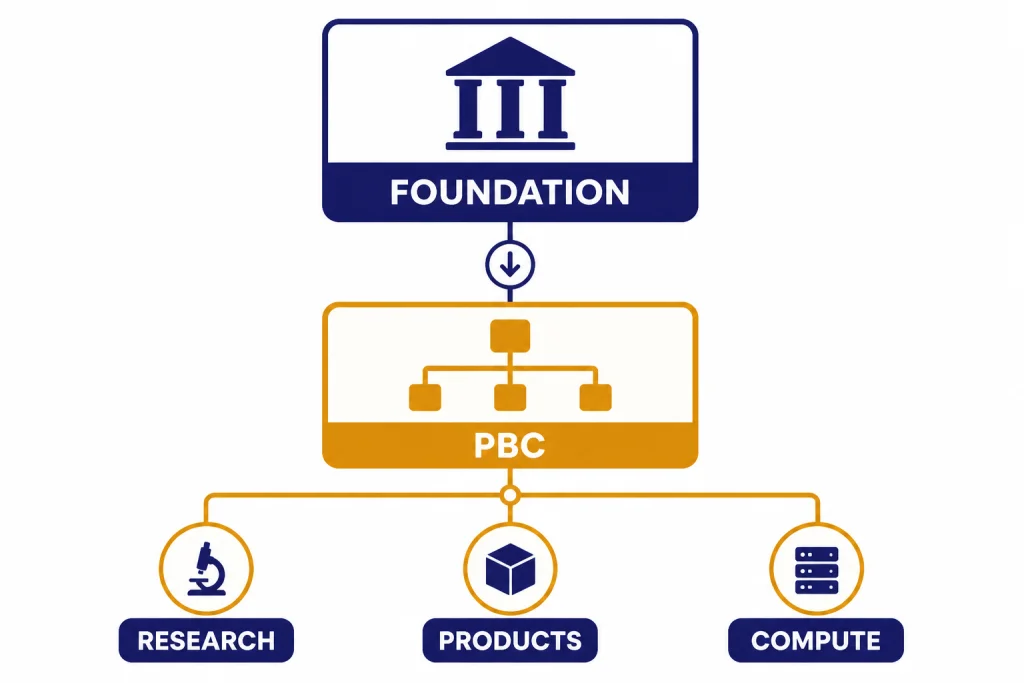 Foundation And PBC Structure Governance diagram with FOUNDATION above PBC, branching to RESEARCH, PRODUCTS, and COMPUTE.