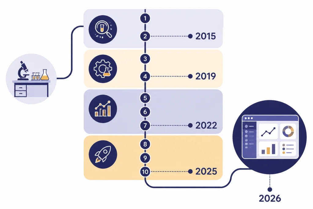 Vertical timeline with nodes labeled 2015, 2019, 2022, 2025, and 2026 from lab bench to platform dashboard.