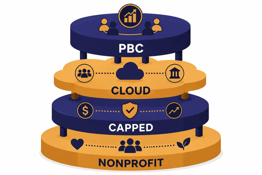OpenAI Structure Layers Four stacked layers labeled NONPROFIT, CAPPED, CLOUD, and PBC showing OpenAI structure changes.