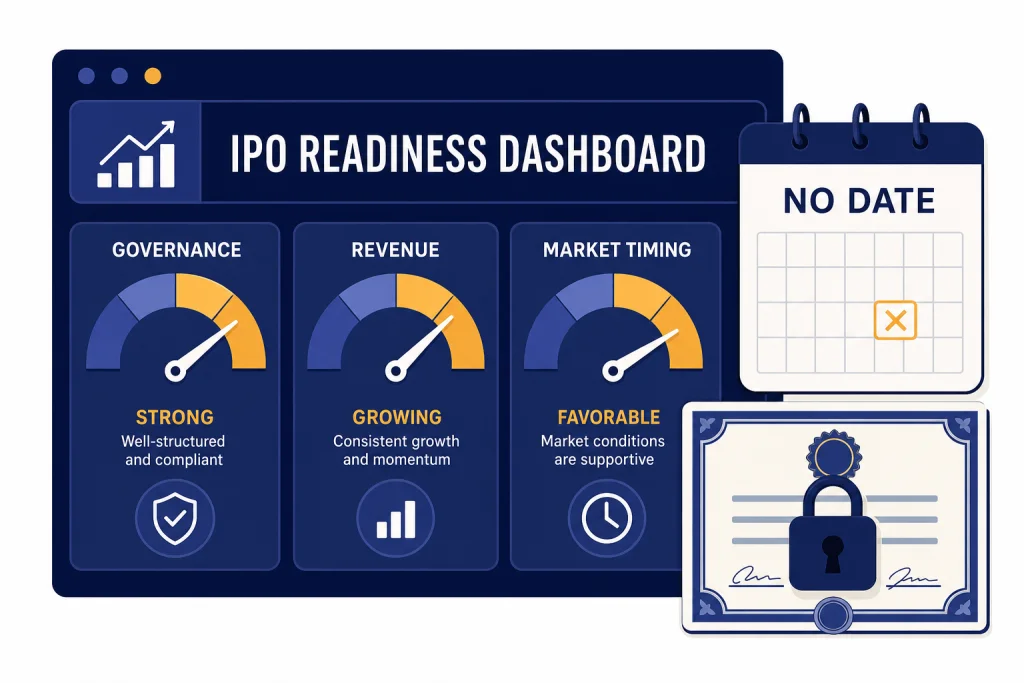 OpenAI IPO Readiness Dashboard IPO readiness dashboard with gauges for governance, revenue, market timing, and a calendar labeled NO DATE.