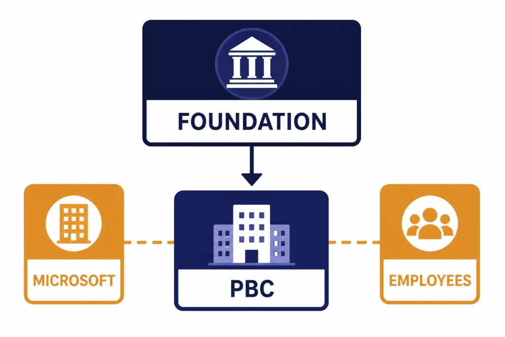 OpenAI PBC Structure Corporate structure diagram with FOUNDATION controlling PBC, plus MICROSOFT and EMPLOYEES investor blocks.