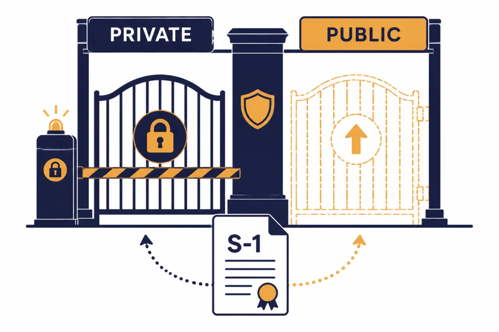 Private Versus Public Access Pre-IPO access gate with lanes labeled PRIVATE and PUBLIC, plus a document icon labeled S-1.