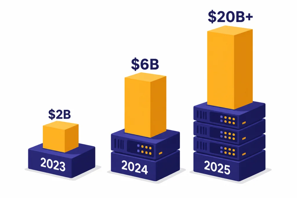 Three-year chart with bars labeled $2B, $6B, and $20B+, paired with 2023, 2024, and 2025 compute blocks.