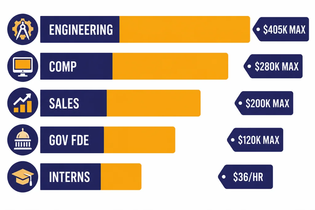 Salary Range Comparison Five salary bars labeled ENGINEERING, COMP, SALES, GOV FDE, and INTERNS, with $405K MAX and $36/HR tags