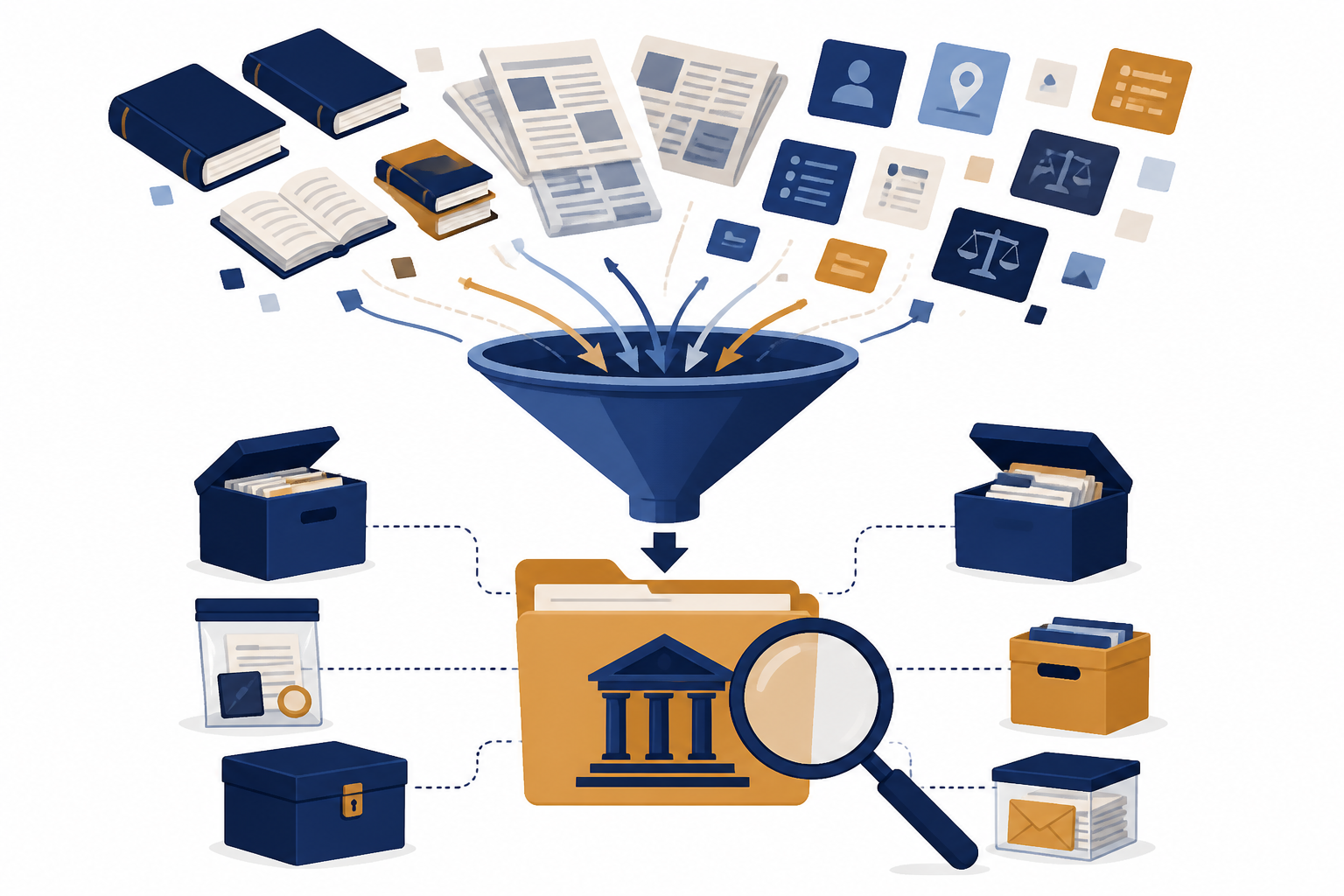 Copyright MDL Funnel Books, newspapers, and metadata tiles flow through a funnel into one docket folder.