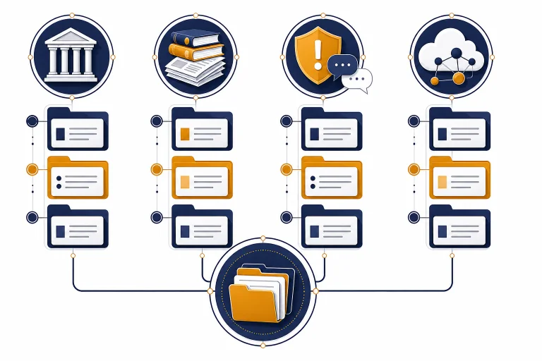 Case tracker board with four legal lanes connected to one central docket hub.
