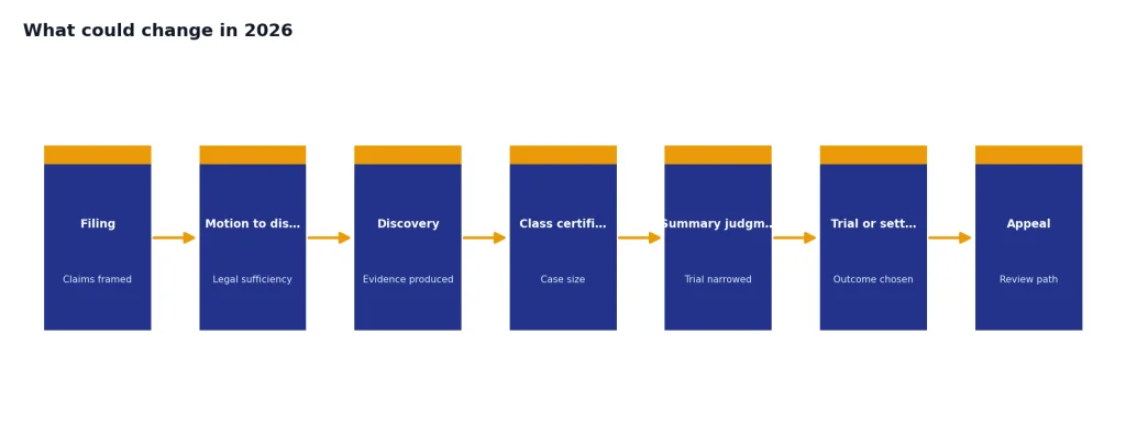 Process with stages Filing, Motion to dismiss, Discovery, Class certification, Summary judgment, Trial or settlement, Appeal.