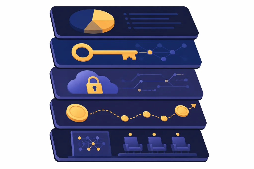 Contract Clause Stack Five clause cards with ownership pie, model key, cloud lock, coin path, and three-seat verification panel.