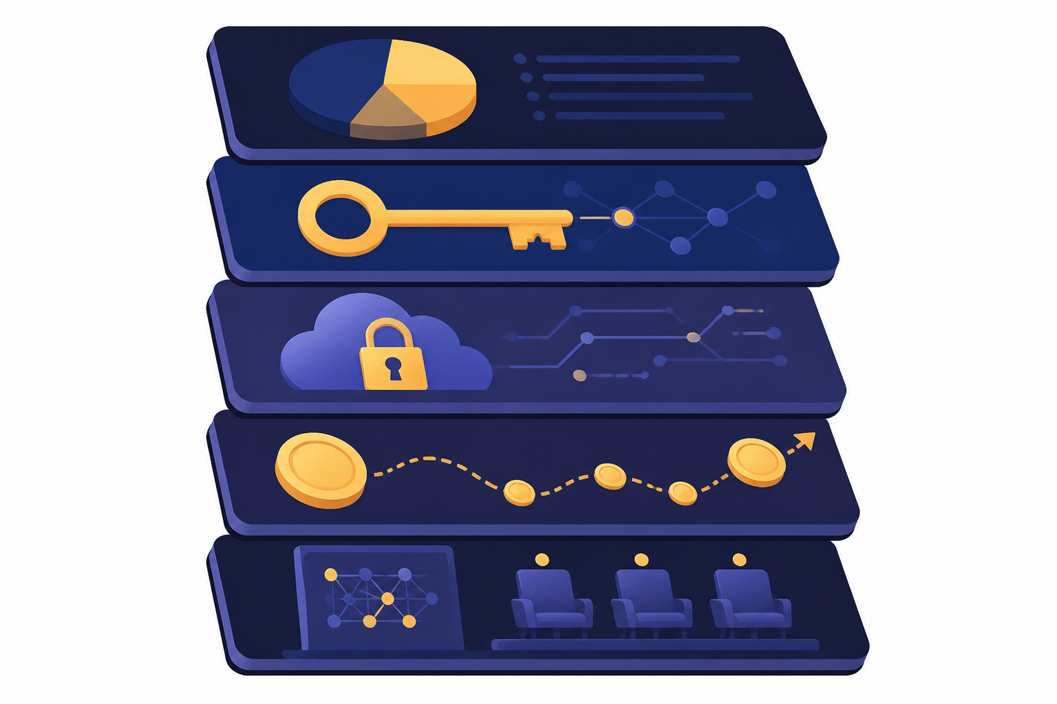 Five clause cards with ownership pie, model key, cloud lock, coin path, and three-seat verification panel.