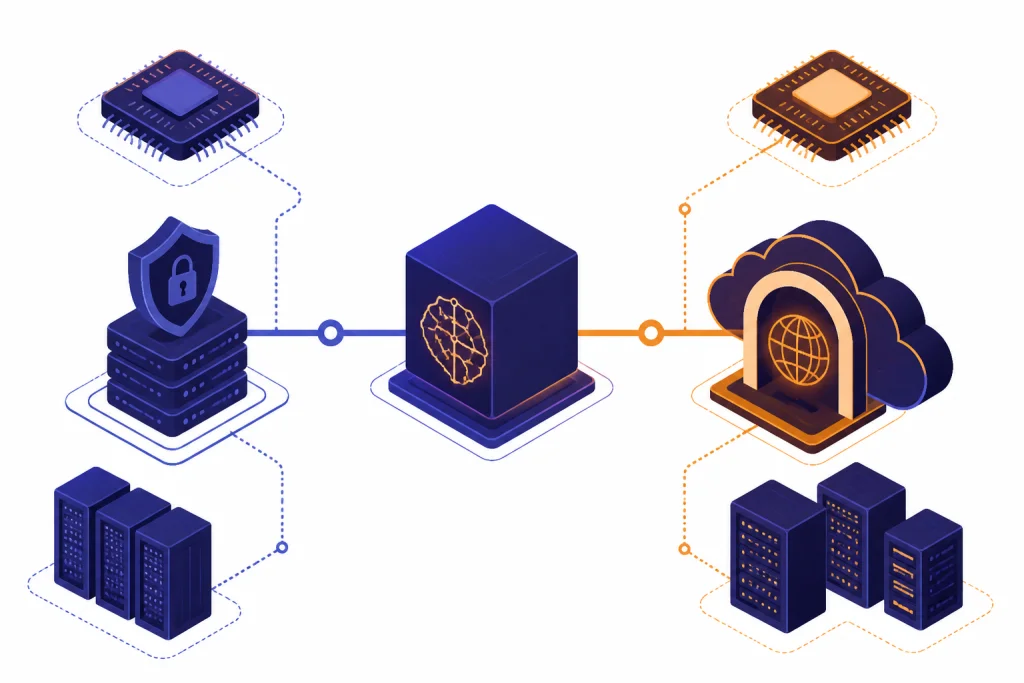 Central AI cube routes to a locked API server stack and a separate enterprise cloud marketplace gateway.