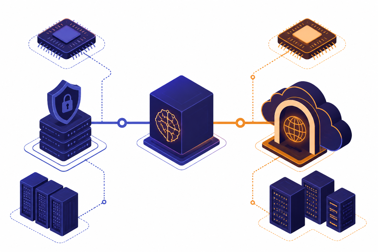 Central AI cube routes to a locked API server stack and a separate enterprise cloud marketplace gateway.