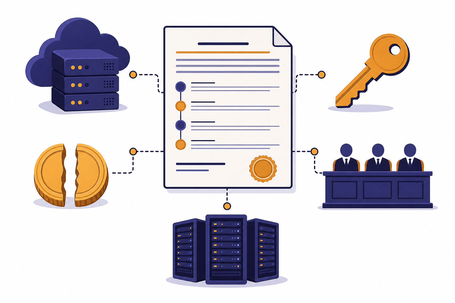 Central contract sheet connected to a cloud stack, key, split coin, judge panel, and data center rack.