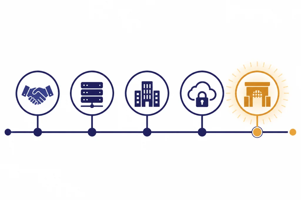 Partnership Timeline Nodes Five-node timeline with handshake, server stack, corporate building, cloud lock, and enterprise gateway icons.