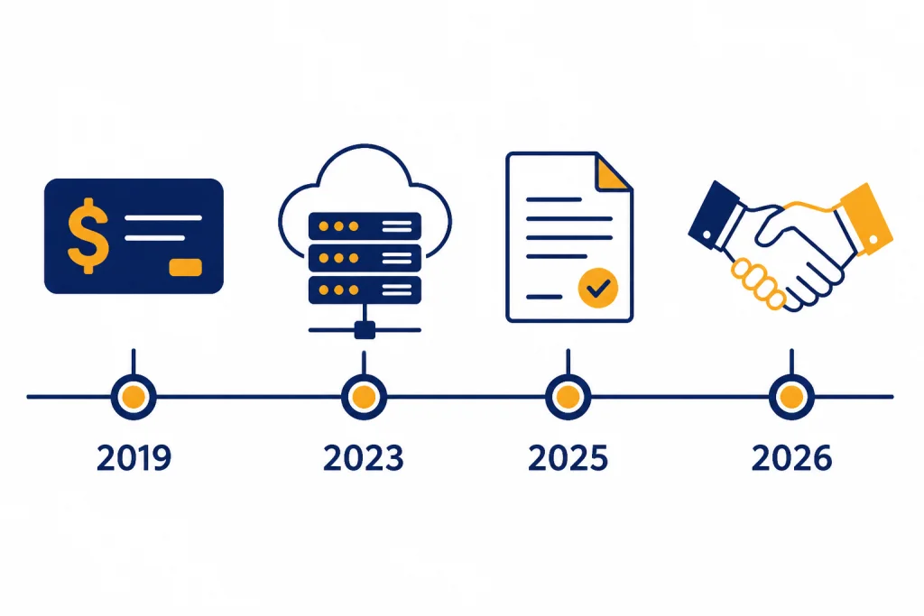 Partnership Timeline Milestones Horizontal timeline with four nodes labeled 2019, 2023, 2025, and 2026 with deal icons above each node.