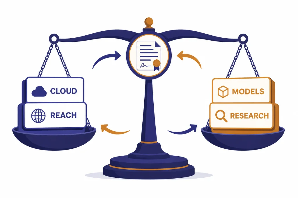 Balanced scale with cards labeled CLOUD and REACH on one side and MODELS and RESEARCH on the other.