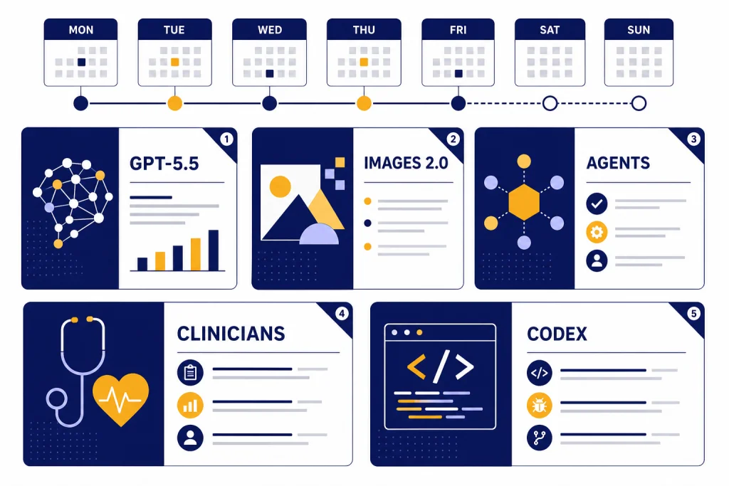 OpenAI Weekly Update Dashboard Weekly dashboard with five cards labeled GPT-5.5, IMAGES 2.0, AGENTS, CLINICIANS, and CODEX.