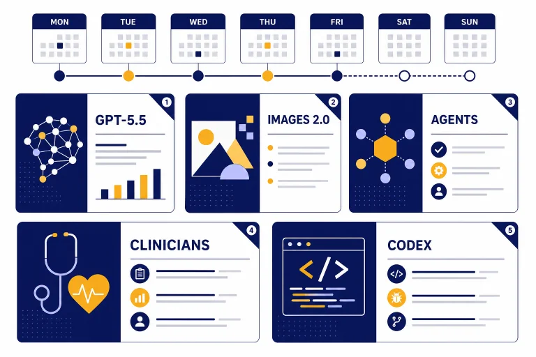 Weekly dashboard with five cards labeled GPT-5.5, IMAGES 2.0, AGENTS, CLINICIANS, and CODEX.