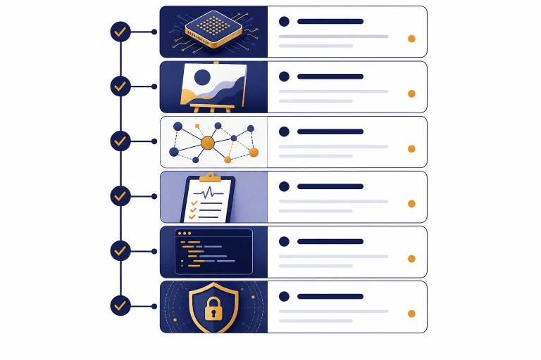 Six stacked news cards with icons for a model chip, image canvas, agent map, clipboard, terminal, and shield.