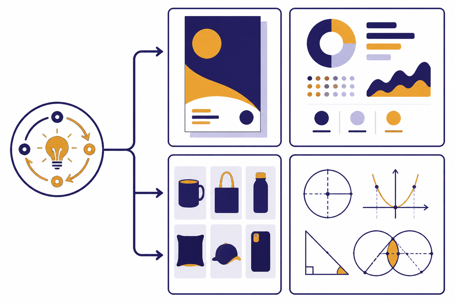 Four image output panels connected to a circular thinking loop in a visual generation workspace.