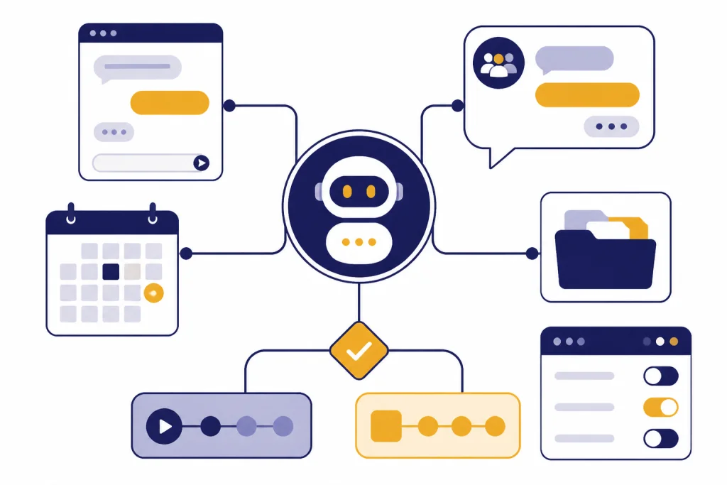 Central agent node connected to chat, messaging, calendar, folder, admin panel, and approval gate.