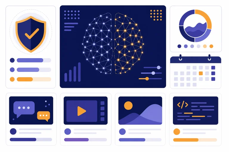 AI news dashboard with one large model card, four product cards, shield, token meter, and calendar tile.