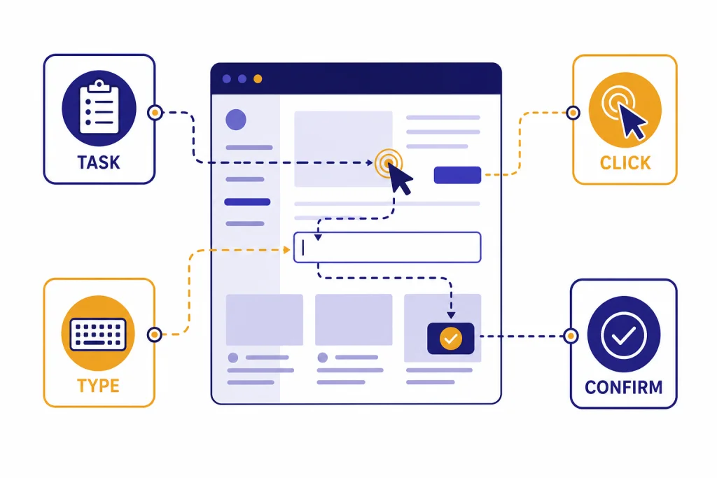 Operator Computer Use Loop Remote browser window with cursor path and nodes labeled TASK, CLICK, TYPE, and CONFIRM.