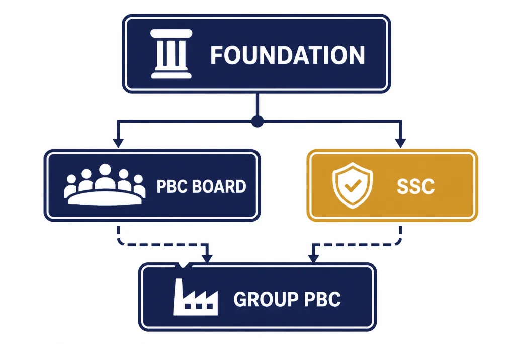 Foundation Control Flow Governance flow with FOUNDATION above PBC BOARD and SSC, connected to GROUP PBC below.