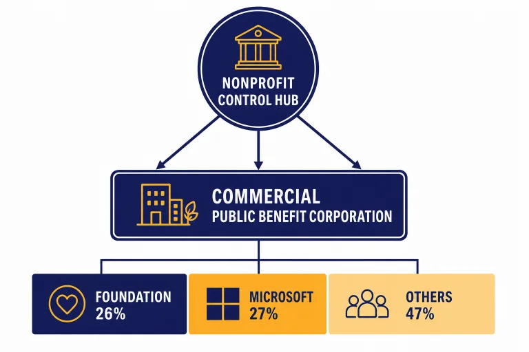 Nonprofit control hub above a PBC box with equity blocks labeled FOUNDATION 26%, MICROSOFT 27%, and OTHERS 47%.