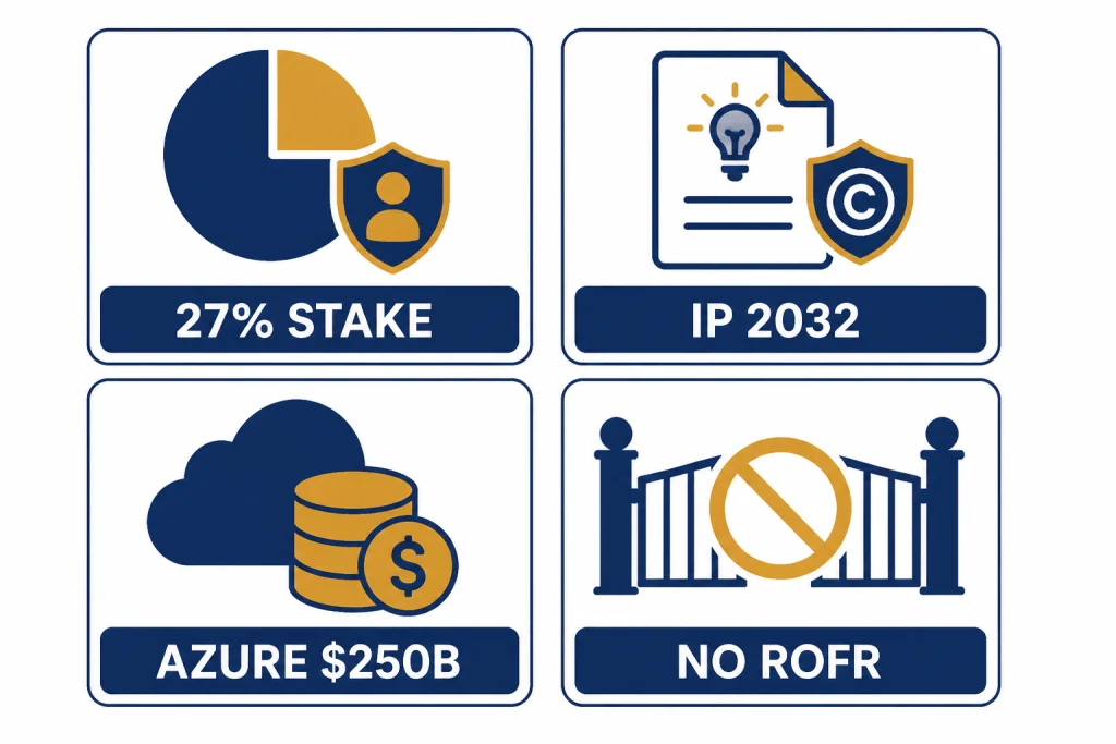 Microsoft Partnership Terms Four dashboard tiles labeled 27% STAKE, IP 2032, AZURE $250B, and NO ROFR.