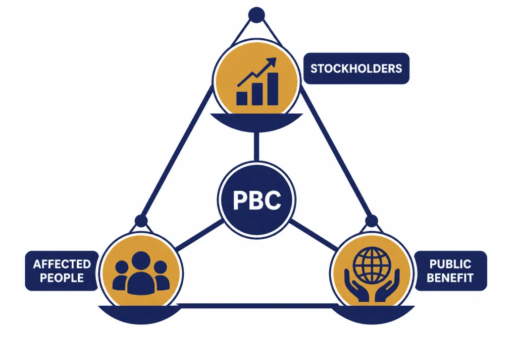 PBC Balancing Duty Triangular PBC balance with labels STOCKHOLDERS, PUBLIC BENEFIT, AFFECTED PEOPLE, and PBC.