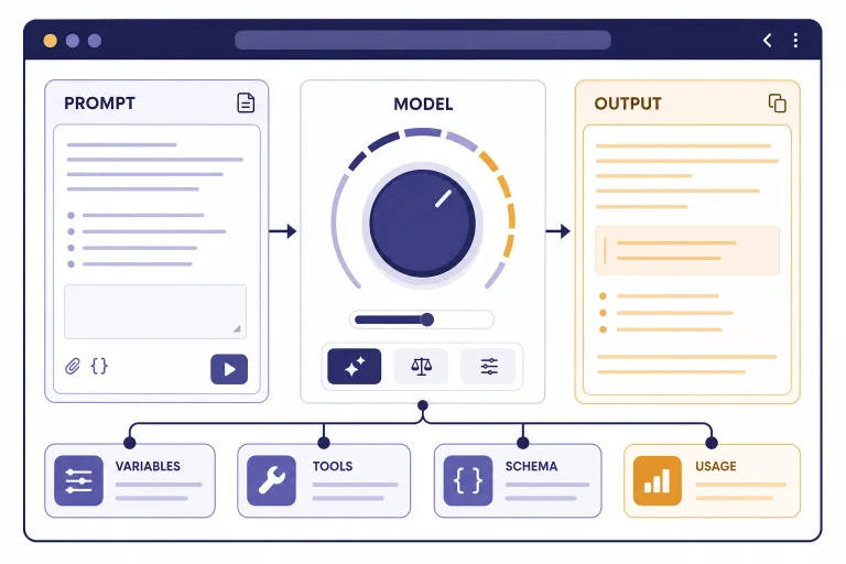 Testing console with panels labeled PROMPT, MODEL, TOOLS, OUTPUT, and USAGE connected by arrows.