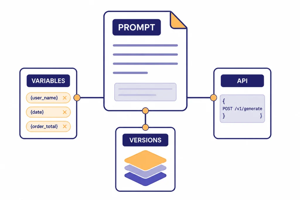 Reusable Prompt Object Central card labeled PROMPT connected to VARIABLES, VERSIONS, and API cards.