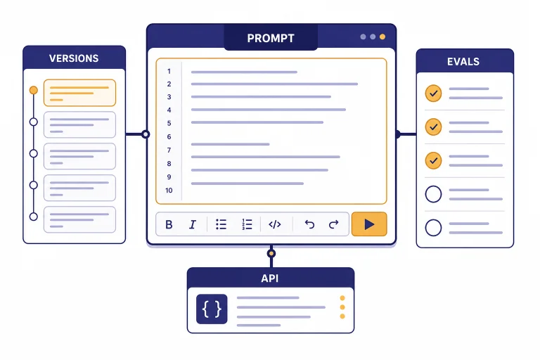Prompt workbench with cards labeled PROMPT, VERSIONS, EVALS, and API connected in a workflow.