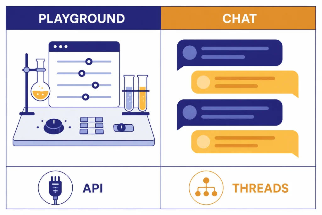 Side-by-side comparison labeled PLAYGROUND and CHAT, with API and THREADS beneath them.