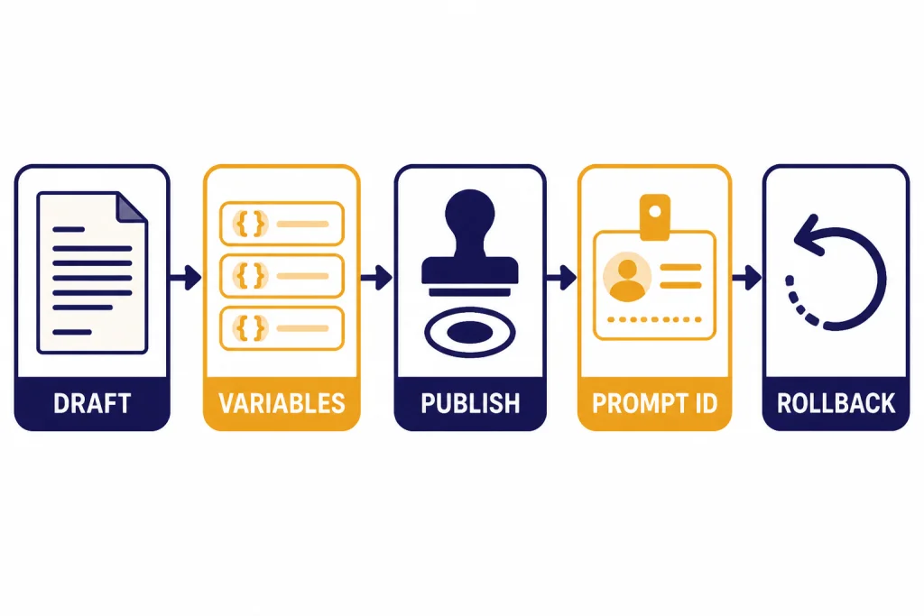 Prompt Version Workflow Five-step workflow labeled DRAFT, VARIABLES, PUBLISH, PROMPT ID, and ROLLBACK.