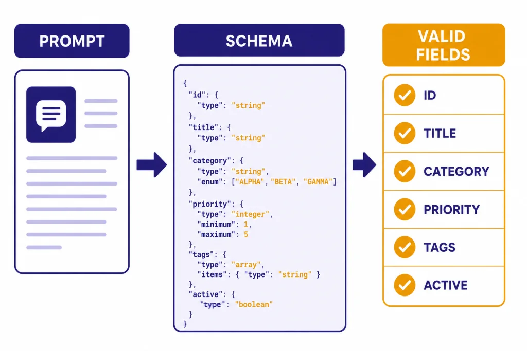 Structured Output Test Prompt card feeding a JSON schema box and checklist labeled PROMPT, SCHEMA, VALID, and FIELDS.