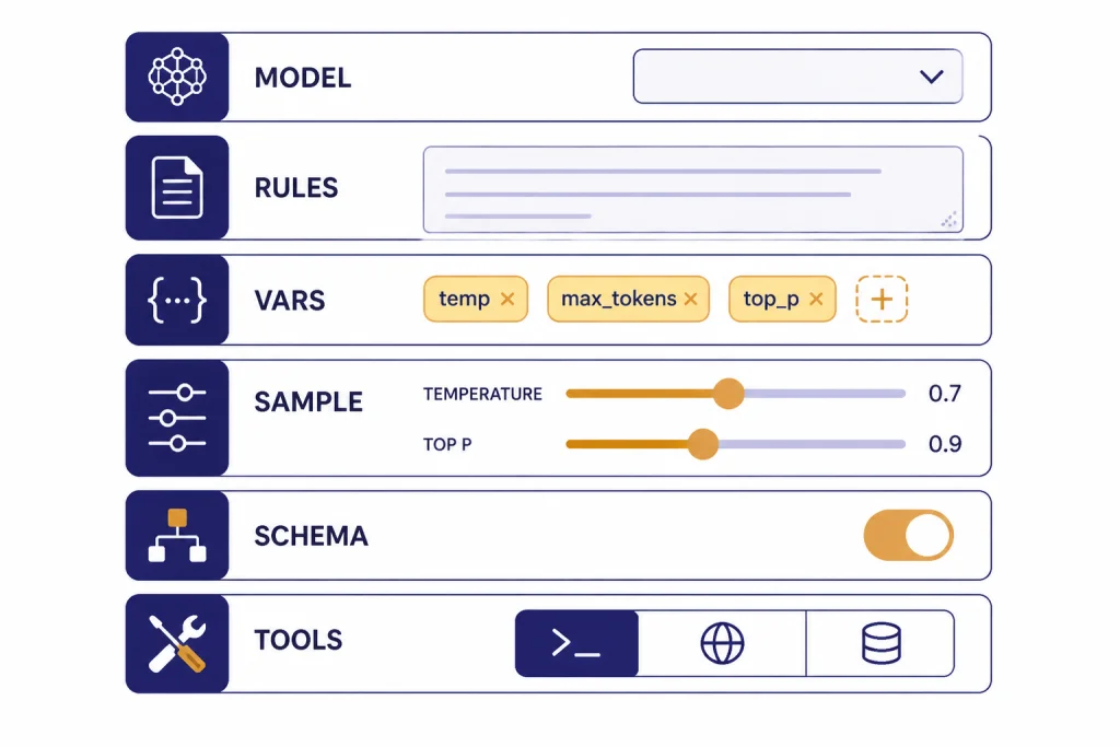 Playground Settings Panel Settings panel with six controls labeled MODEL, RULES, VARS, SAMPLE, SCHEMA, and TOOLS.